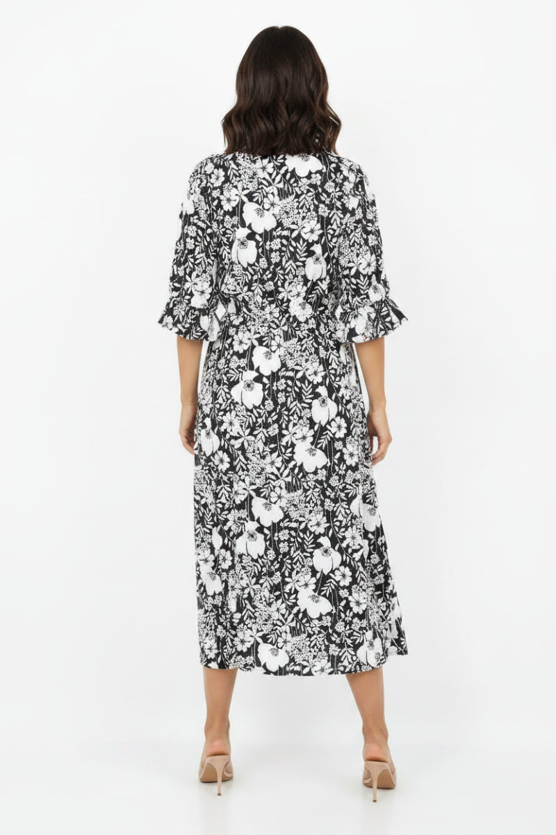 RUFFLED ROUND TIE- NECK MIDI DRESS SHVL5855