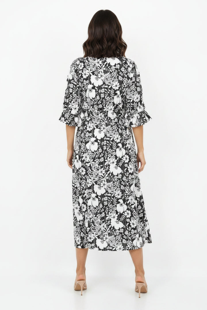 RUFFLED ROUND TIE- NECK MIDI DRESS SHVL5855