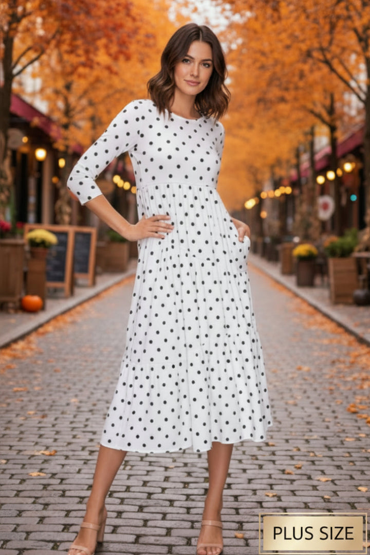 PLUS SIZE POLKADOT 3/4 SLEEVE SWING MIDI DRESS SHVL5850