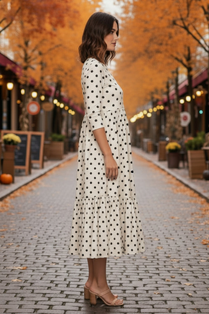 PLUS SIZE POLKADOT 3/4 SLEEVE SWING MIDI DRESS SHVL5850