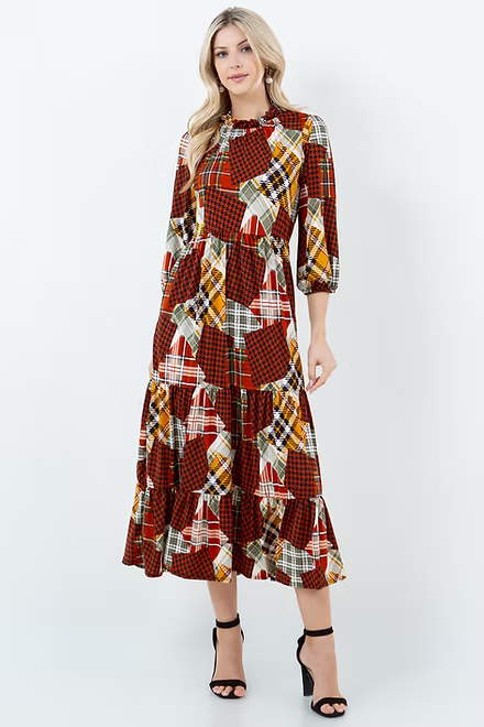 CREW NECK 3/4 SLEEVE PLUS SIZE MIDI DRESS