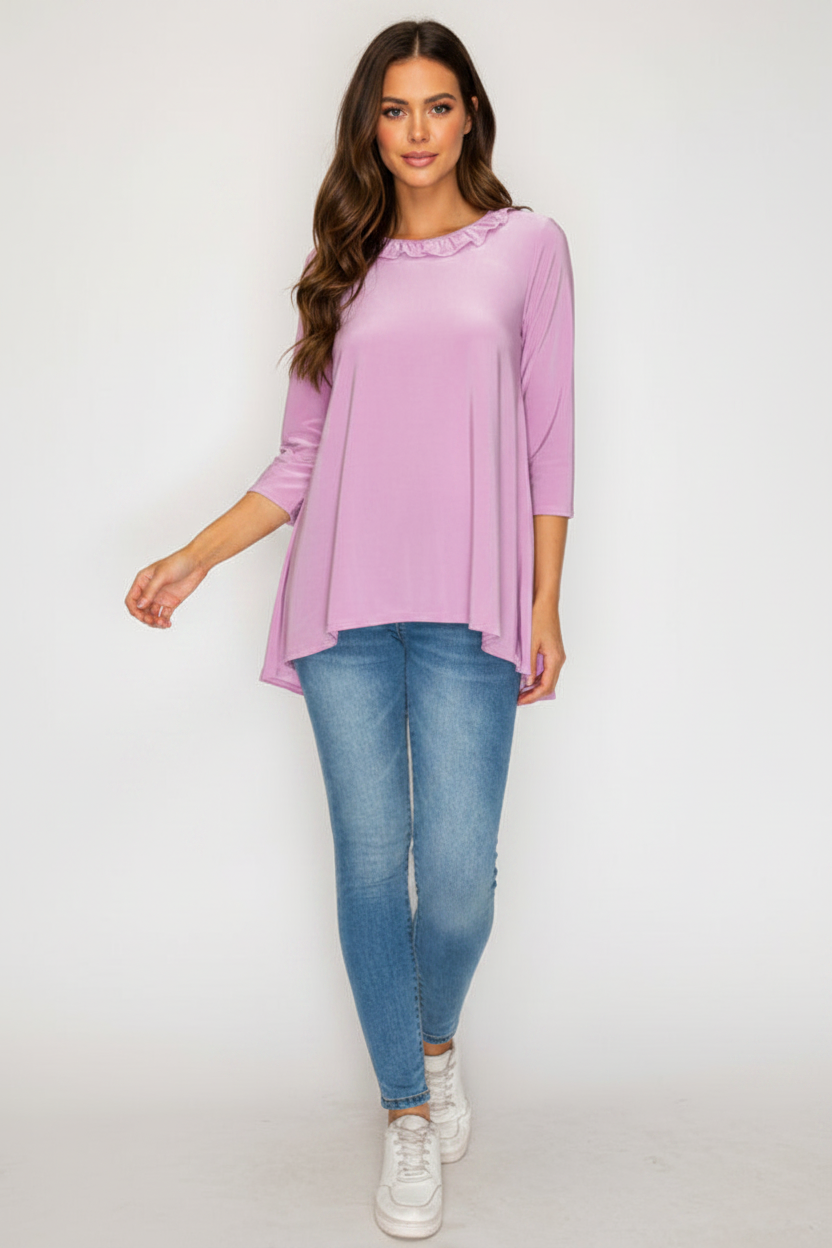 PLUS SIZE RUFFLE TRIM NECK HI-LOW TUNIC TOP SHB6101