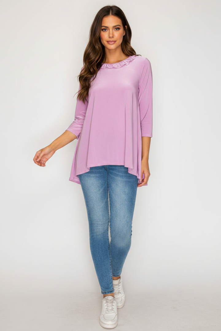 PLUS SIZE RUFFLE TRIM NECK HI-LOW TUNIC TOP SHB6101