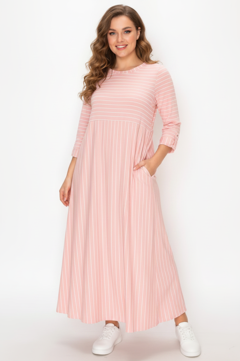 MODEST PLUS SIZE MIDI DRESS FEATURING WHITE VERTICAL STRIPES