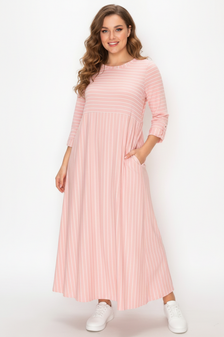 MODEST PLUS SIZE MIDI DRESS FEATURING WHITE VERTICAL STRIPES