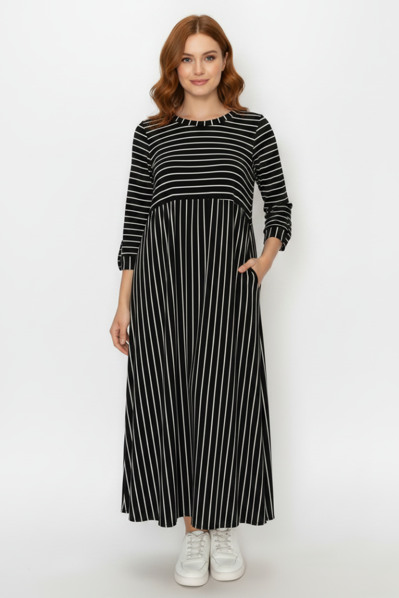 MODEST PLUS SIZE MIDI DRESS FEATURING WHITE VERTICAL STRIPES