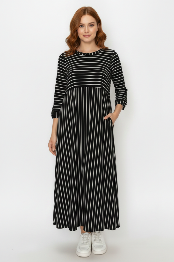 MODEST PLUS SIZE MIDI DRESS FEATURING WHITE VERTICAL STRIPES