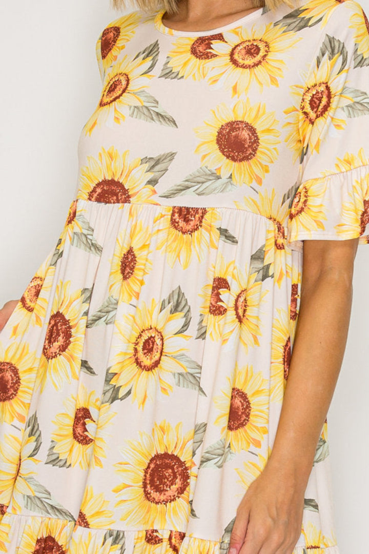 SUNFLOWER PRINT RUFFLES SLEEVE WITH POCKETS MIDI DRESS -SHVL5812