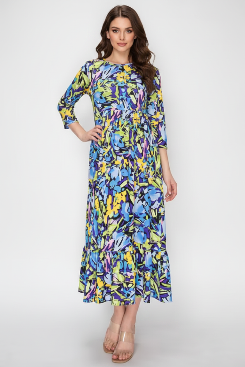 VIBRANT FLORAL MIDI DRESS WITH 3/4 SLEEVES