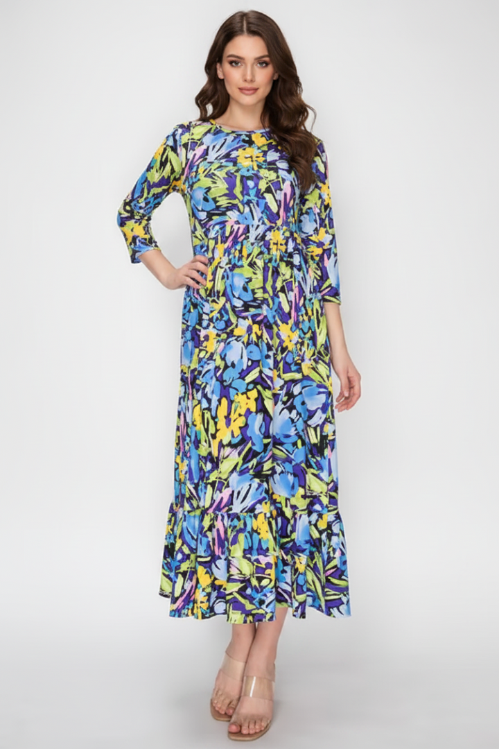 VIBRANT FLORAL MIDI DRESS WITH 3/4 SLEEVES
