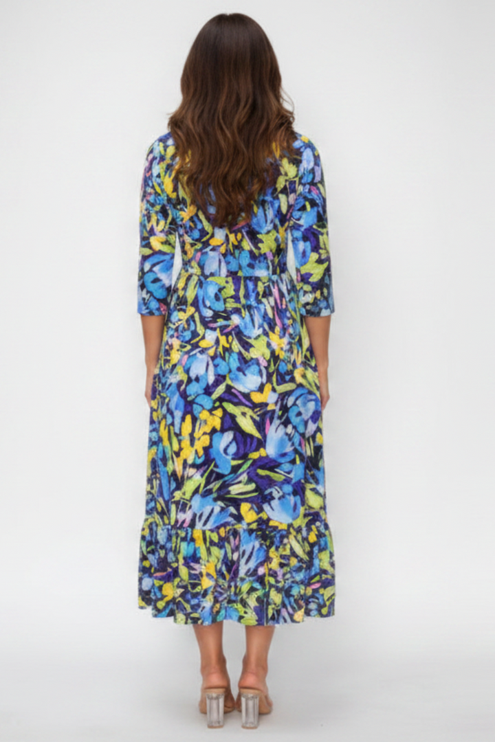 FLORAL 3/4 SLEEVE RUFFLE HEM MIDI DRESS SHVL5805
