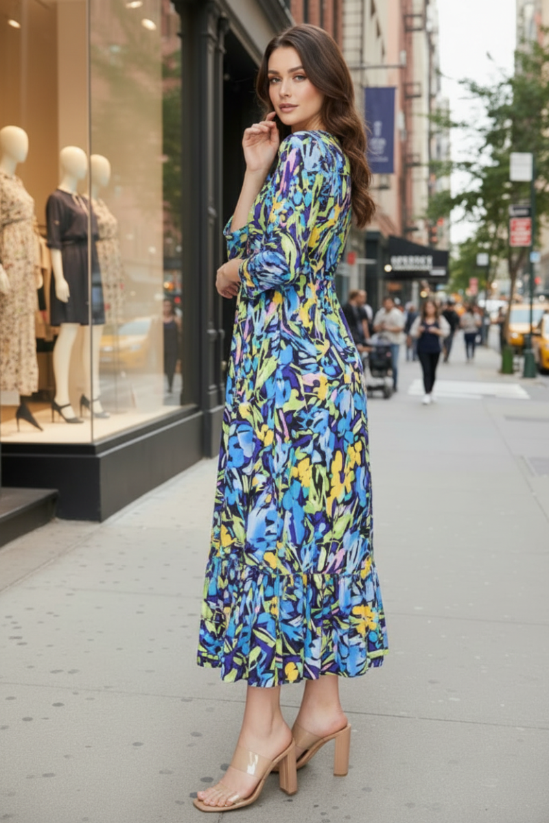 PLUS SIZE VIBRANT FLORAL MIDI DRESS WITH 3/4 SLEEVES