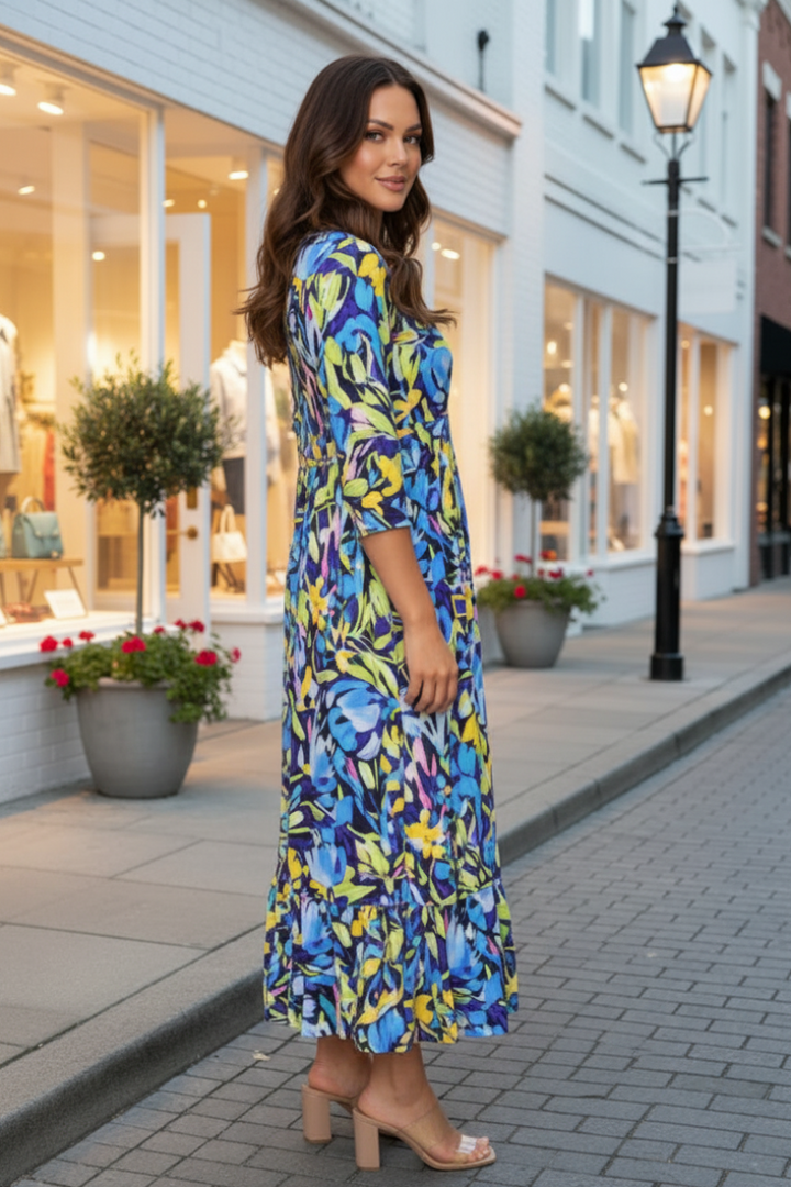 FLORAL 3/4 SLEEVE RUFFLE HEM MIDI DRESS SHVL5805
