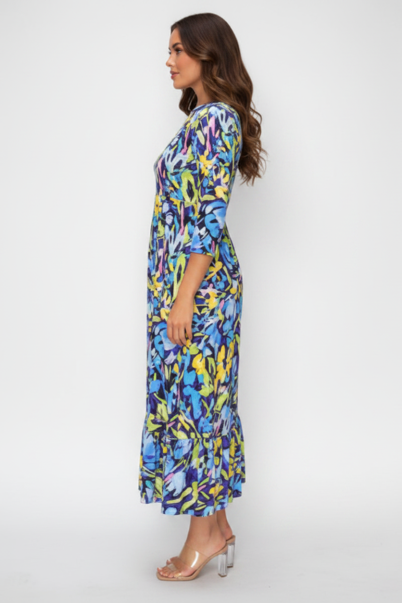FLORAL 3/4 SLEEVE RUFFLE HEM MIDI DRESS SHVL5805