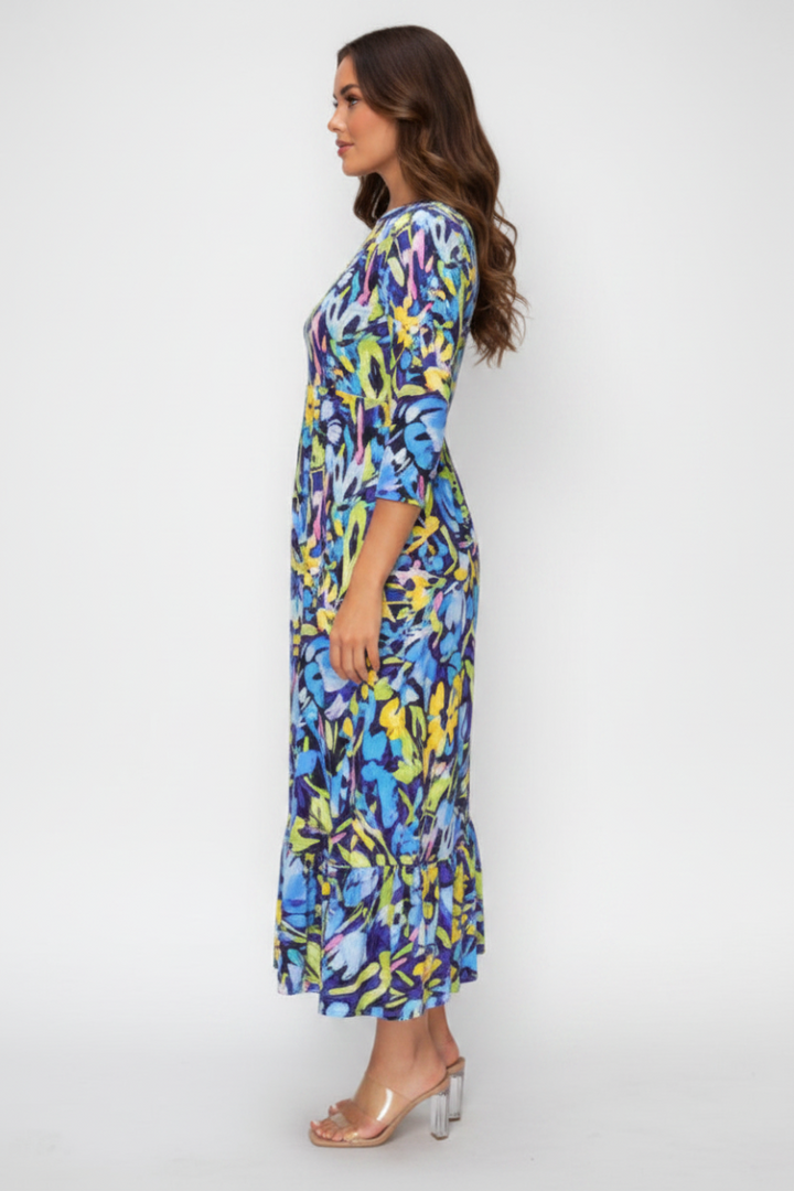 FLORAL 3/4 SLEEVE RUFFLE HEM MIDI DRESS SHVL5805