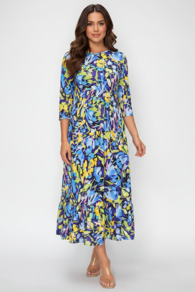 FLORAL 3/4 SLEEVE RUFFLE HEM MIDI DRESS SHVL5805