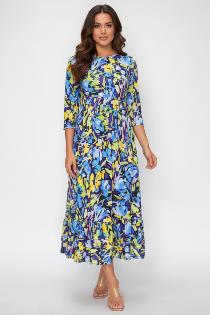 FLORAL 3/4 SLEEVE RUFFLE HEM MIDI DRESS SHVL5805