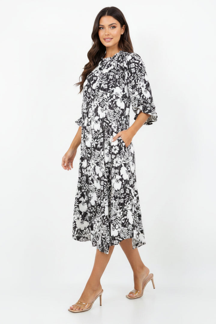 RUFFLED ROUND TIE- NECK MIDI DRESS SHVL5855