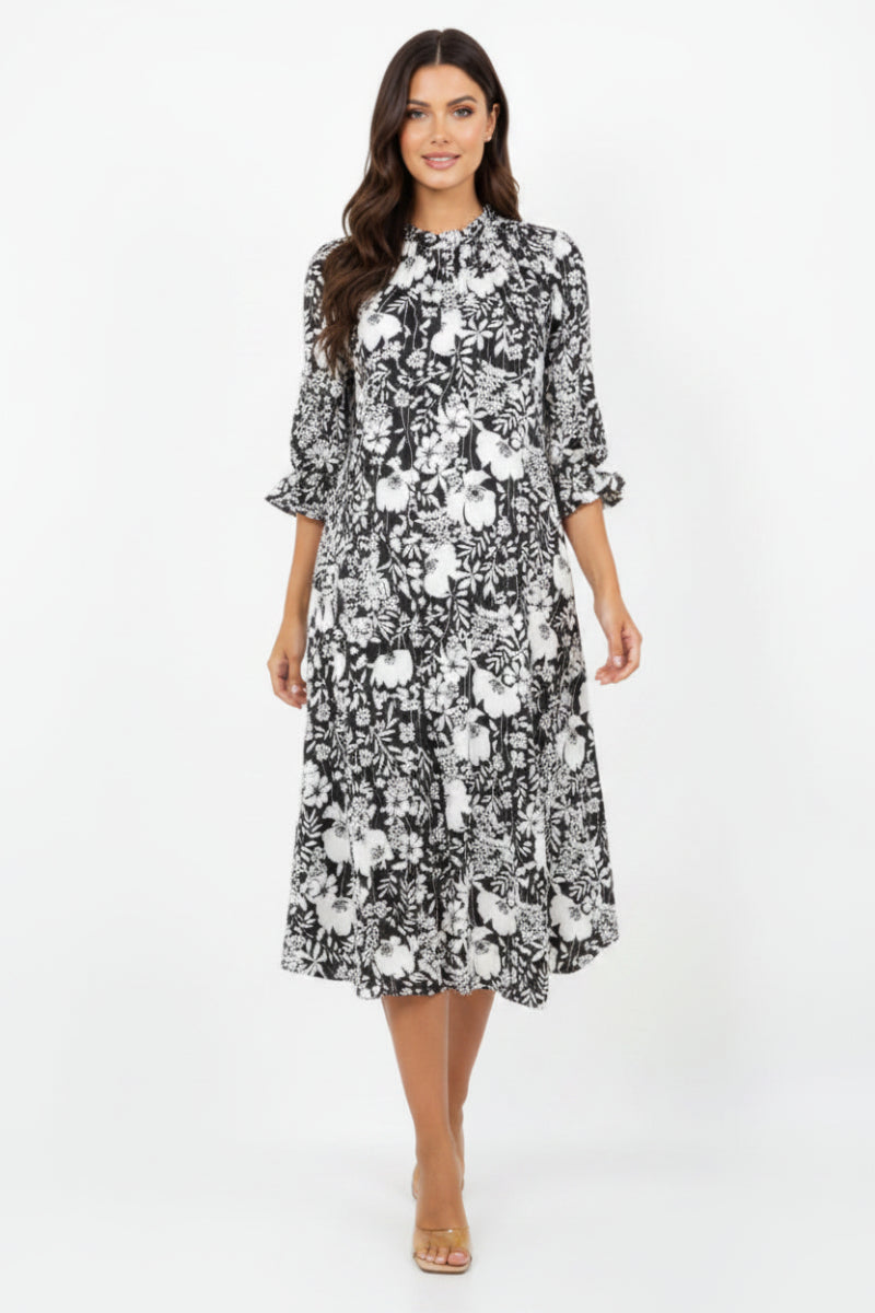 RUFFLED ROUND TIE- NECK MIDI DRESS SHVL5855