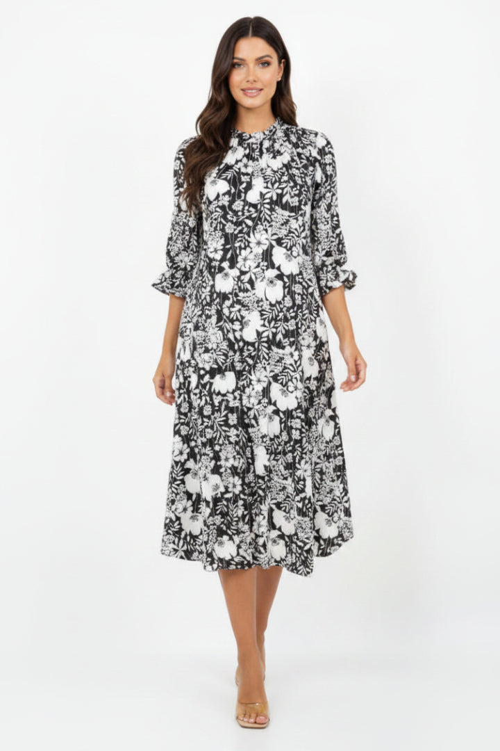 RUFFLED ROUND TIE- NECK MIDI DRESS SHVL5855