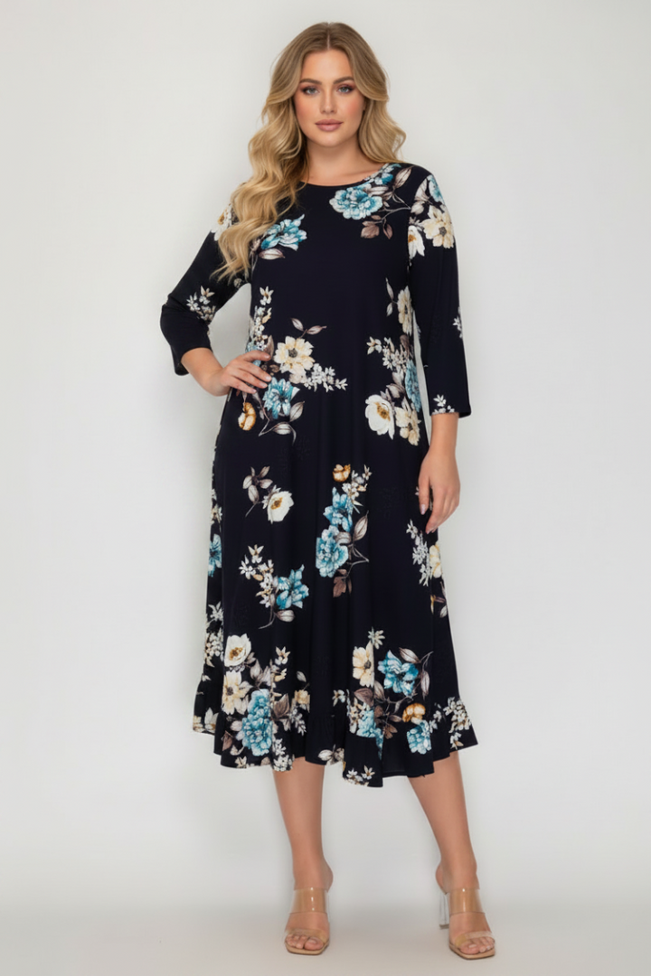 3/4 SLEEVES FLOWY RUFFLED HEM MIDI DRESS -SHVL6109-A (Copy)