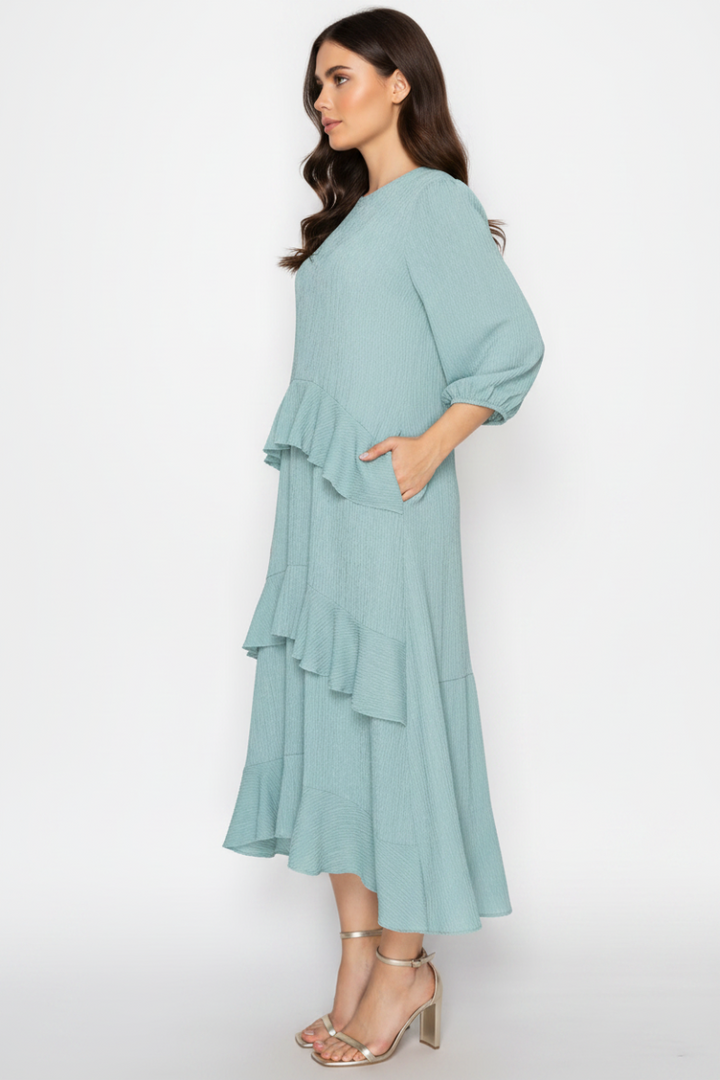 PLUS SIZE ROUND NECK ELEGANT TIERED MIDI DRESS