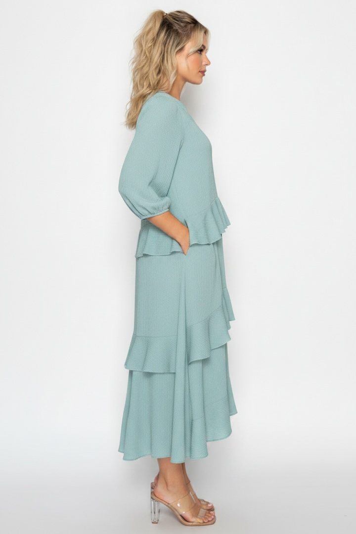 PLUS SIZE ROUND NECK ELEGANT TIERED MIDI DRESS