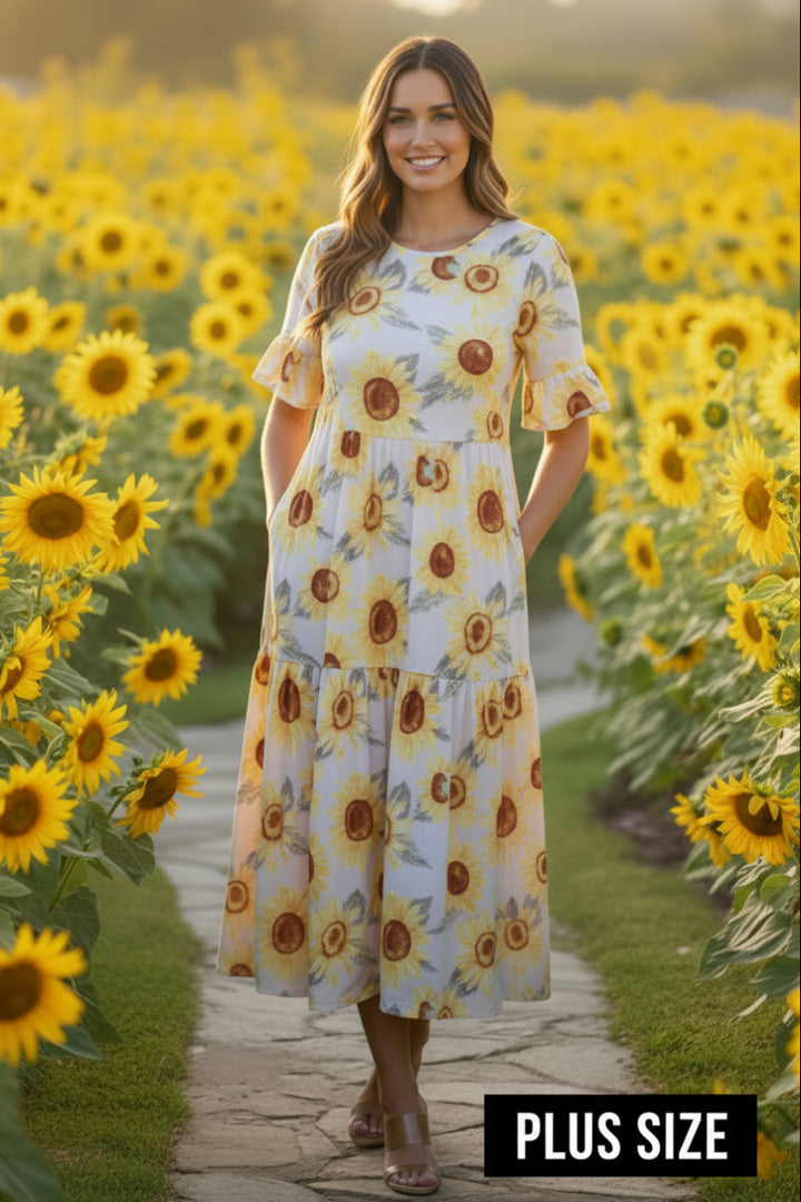 SUNFLOWER PRINT RUFFLES SLEEVE WITH POCKETS MIDI DRESS -SHVL5812