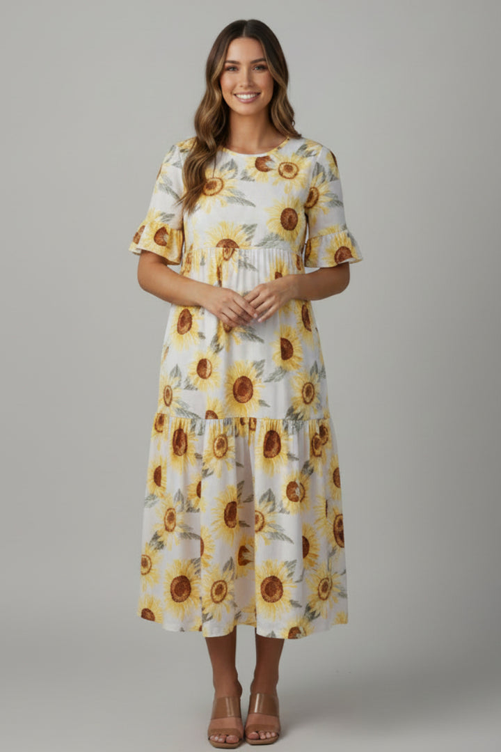 SUNFLOWER PRINT RUFFLES SLEEVE WITH POCKETS MIDI DRESS -SHVL5812