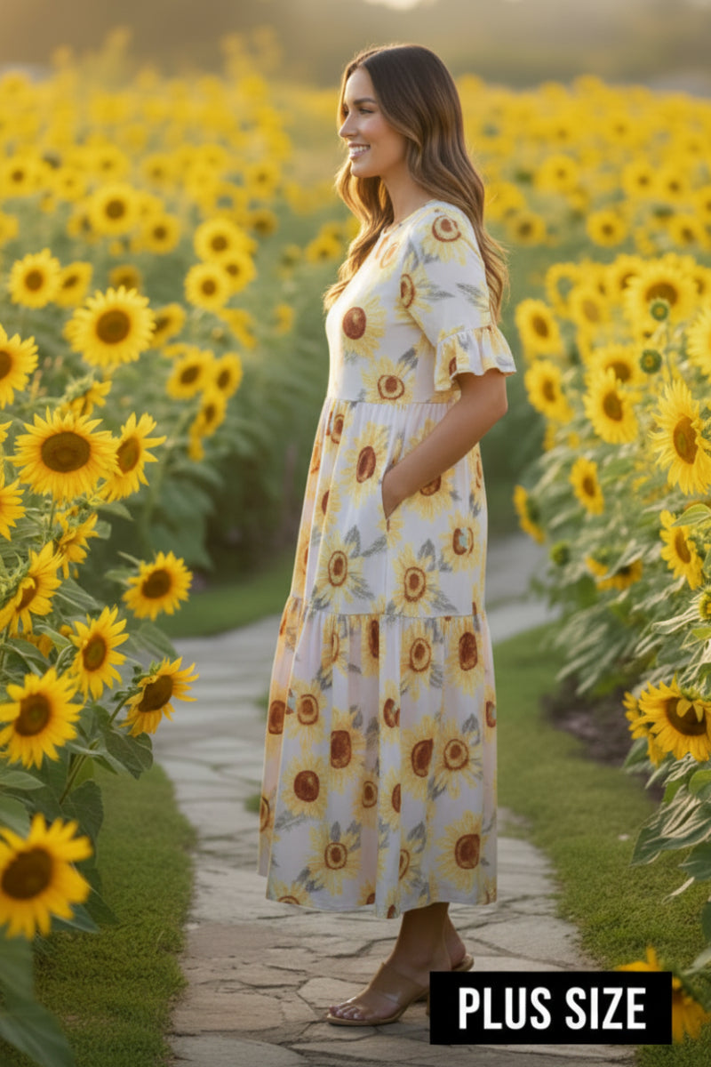 PLUS SIZE SUNFLOWER RUFFLE SLEEVE WITH POCKETS MIDI DRESS -SHVL5812