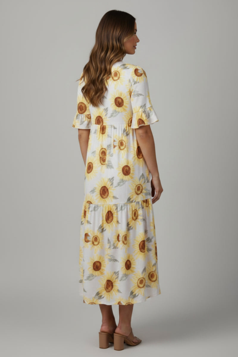 SUNFLOWER PRINT RUFFLES SLEEVE WITH POCKETS MIDI DRESS -SHVL5812