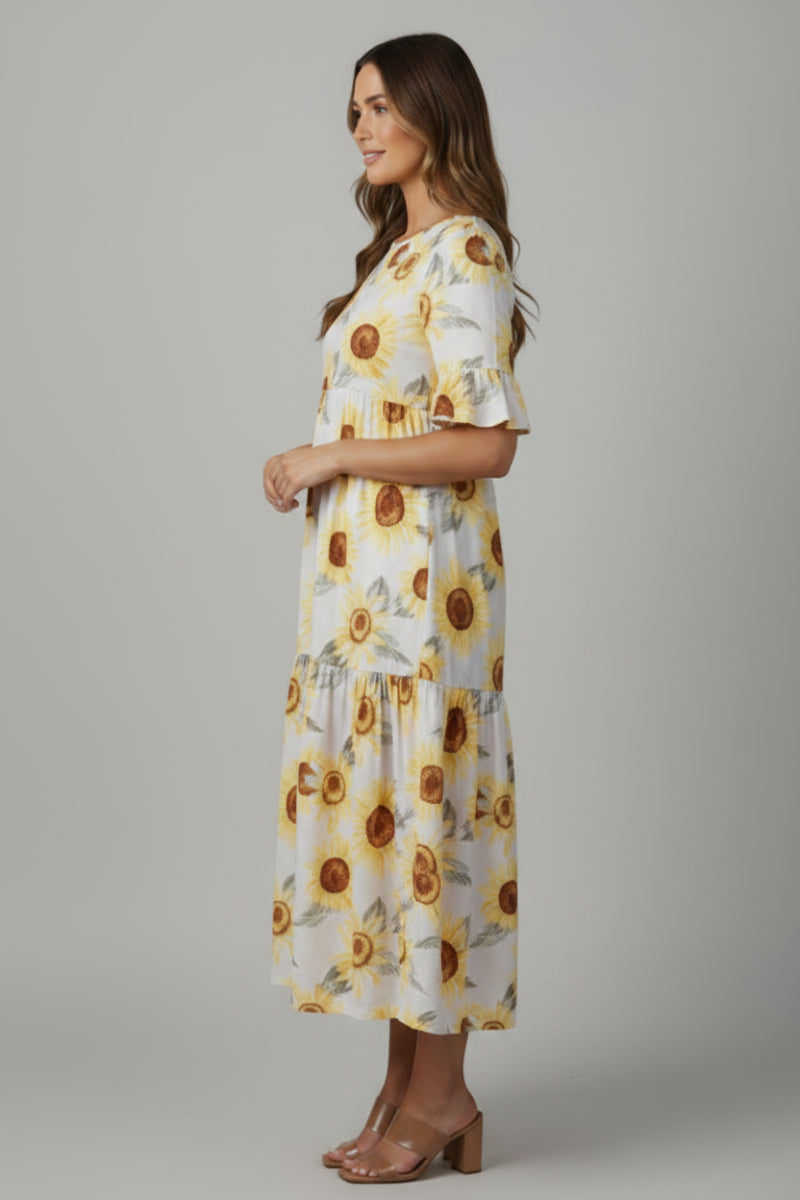 SUNFLOWER PRINT RUFFLES SLEEVE WITH POCKETS MIDI DRESS -SHVL5812
