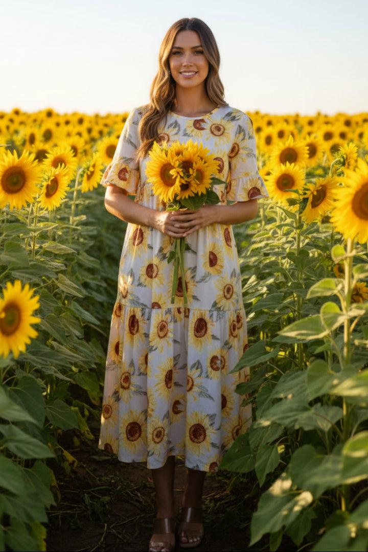 SUNFLOWER PRINT RUFFLES SLEEVE WITH POCKETS MIDI DRESS -SHVL5812