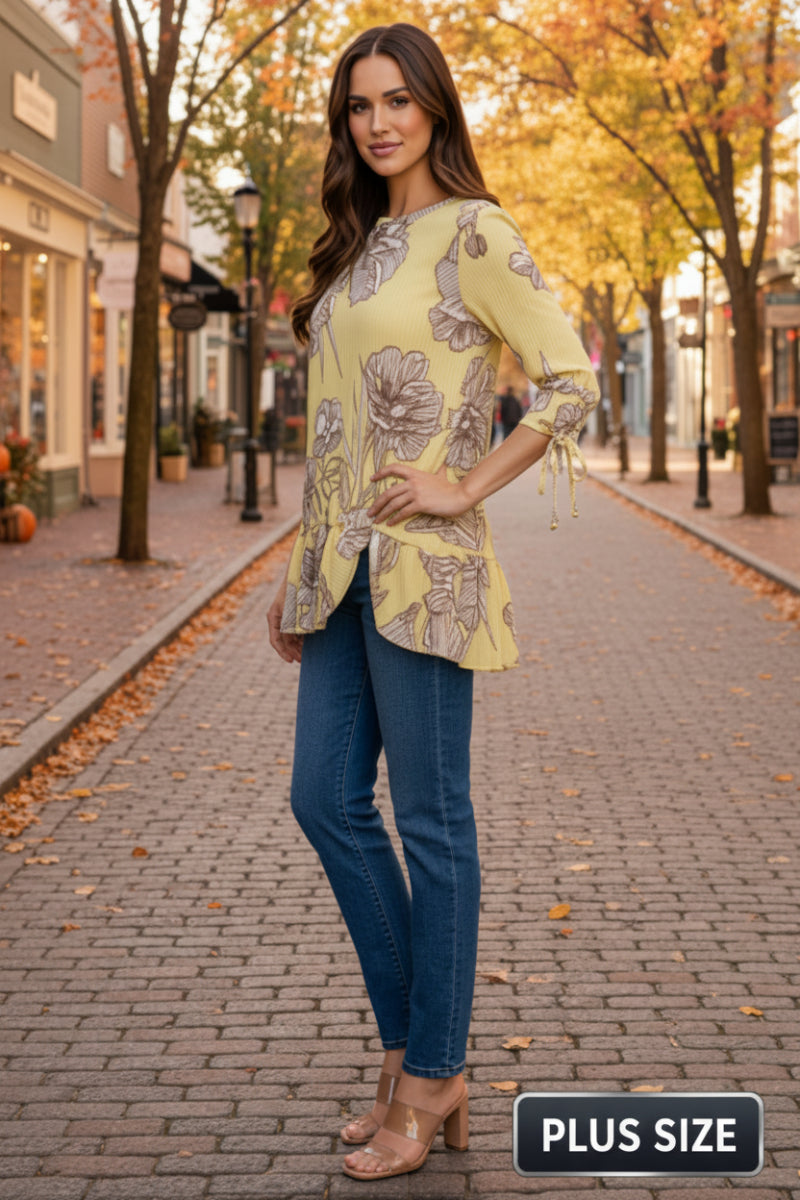 PLUS SIZE TIERED RUFFLE HEM TUCKED TIE DETAIL SLEEVE TUNIC TOP SHB6098