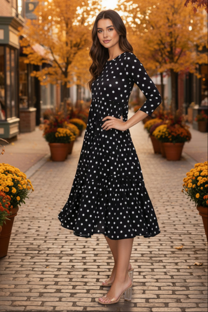 PLUS SIZE POLKADOT 3/4 SLEEVE SWING MIDI DRESS SHVL5850