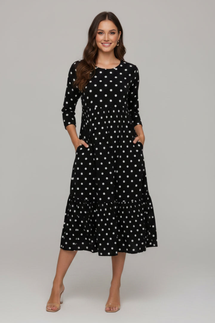 PLUS SIZE POLKADOT 3/4 SLEEVE SWING MIDI DRESS SHVL5850