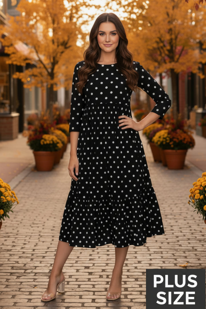 PLUS SIZE POLKADOT 3/4 SLEEVE SWING MIDI DRESS SHVL5850