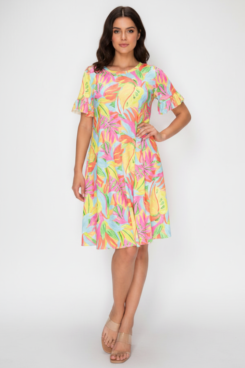 TROPICAL PRINT RUFFLED SHORT SLEEVE MINI DRESS SHVC3600