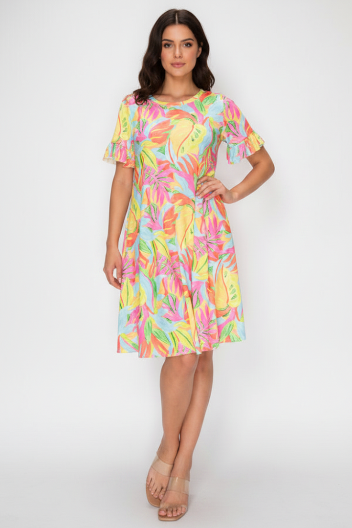 TROPICAL PRINT RUFFLED SHORT SLEEVE MINI DRESS SHVC3600