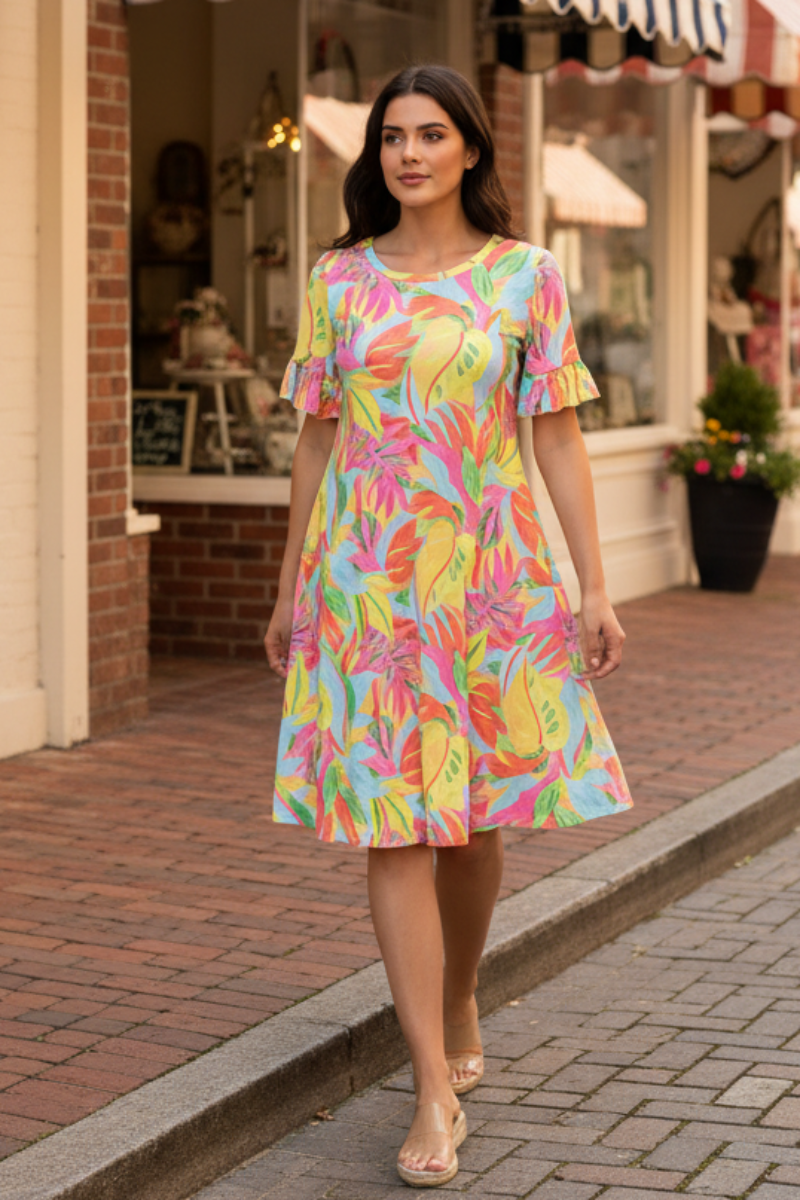 TROPICAL PRINT RUFFLED SHORT SLEEVE MINI DRESS SHVC3600