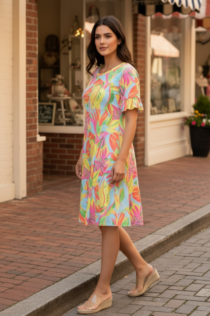 TROPICAL PRINT RUFFLED SHORT SLEEVE MINI DRESS SHVC3600