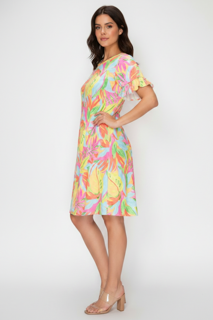 TROPICAL PRINT RUFFLED SHORT SLEEVE MINI DRESS SHVC3600