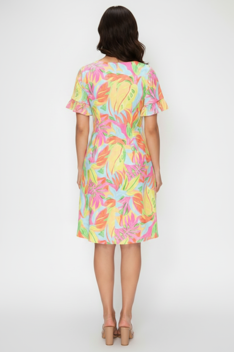 TROPICAL PRINT RUFFLED SHORT SLEEVE MINI DRESS SHVC3600