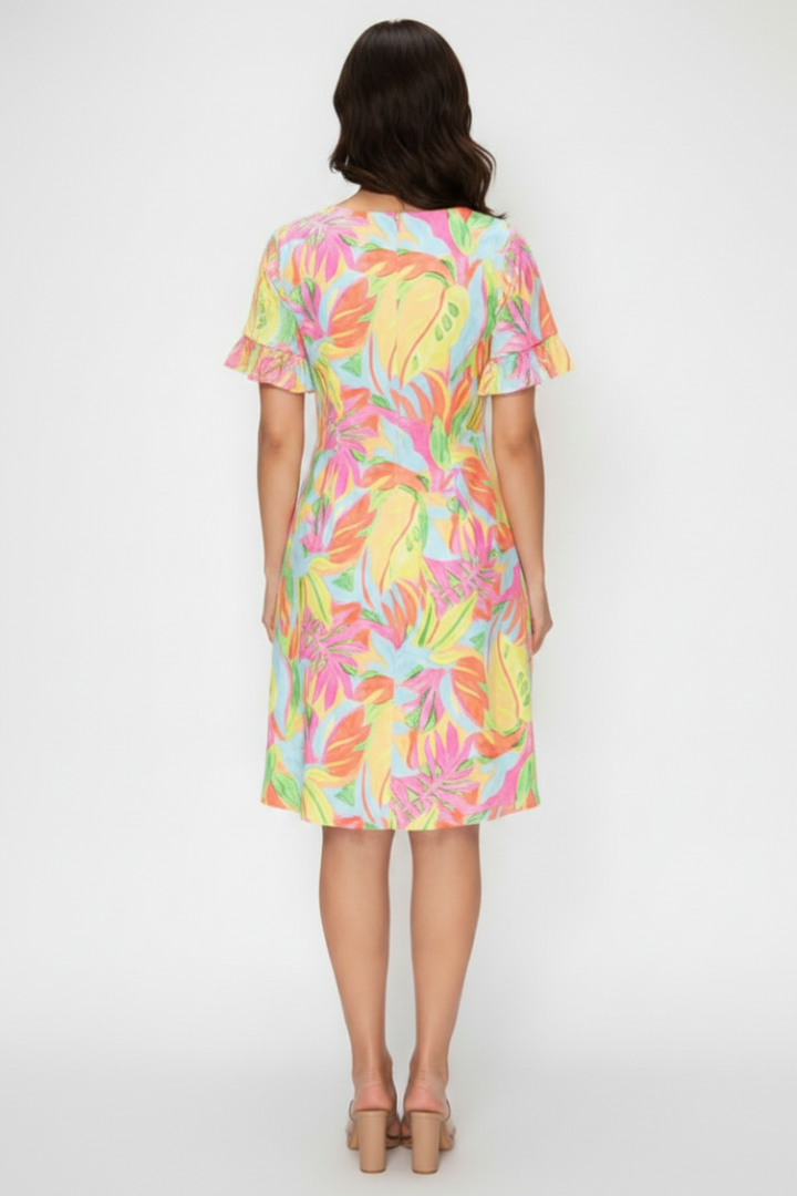TROPICAL PRINT RUFFLED SHORT SLEEVE MINI DRESS SHVC3600