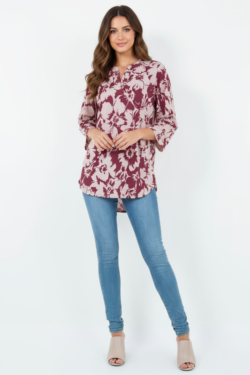 FLORAL PRINT V NECK TUNIC TOP-B5787-G