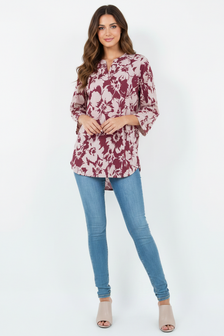 FLORAL PRINT V NECK TUNIC TOP-B5787-G
