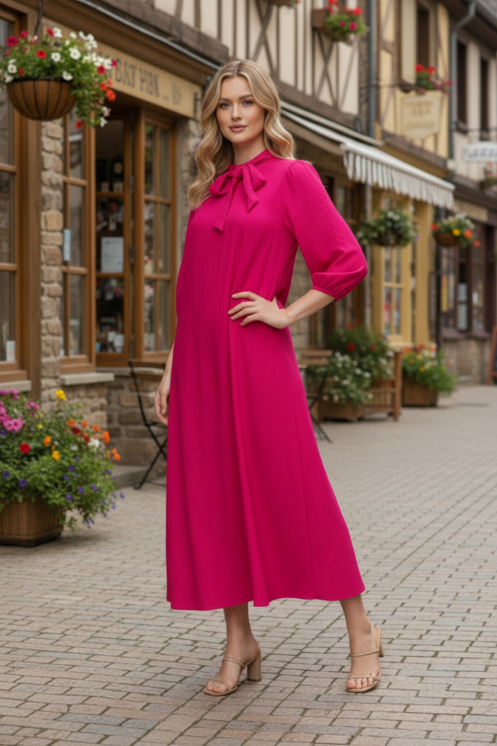 TEXTURED SILHOUETTE 3/4 PUFF SLEEVE MIDI DRESS SHVL6079