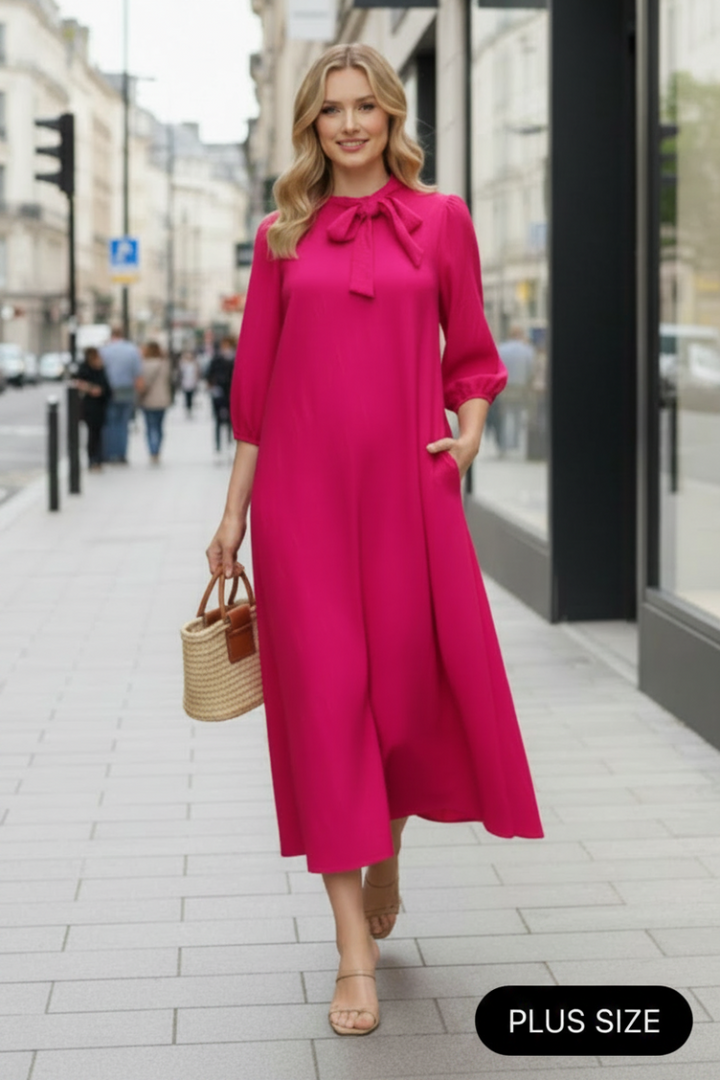 PLUS SIZE TEXTURED SILHOUETTE 3/4 PUFF SLEEVE MIDI DRESS SHVL6079