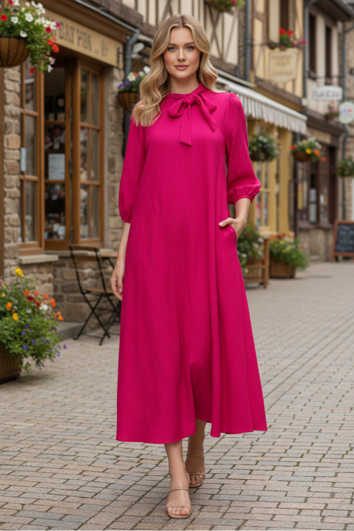 TEXTURED SILHOUETTE 3/4 PUFF SLEEVE MIDI DRESS SHVL6079