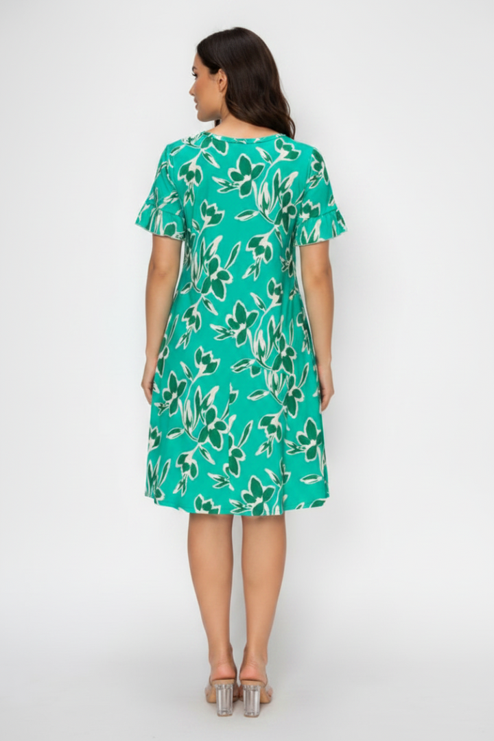 MINT FLORAL PRINT RUFFLED SHORT SLEEVE MINI DRESS SHVC3600
